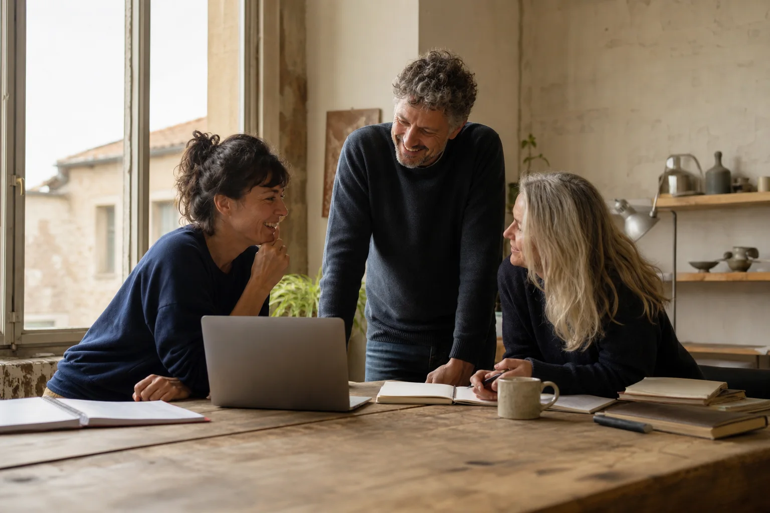 Three colleagues sharing a warm conversation around a studio table