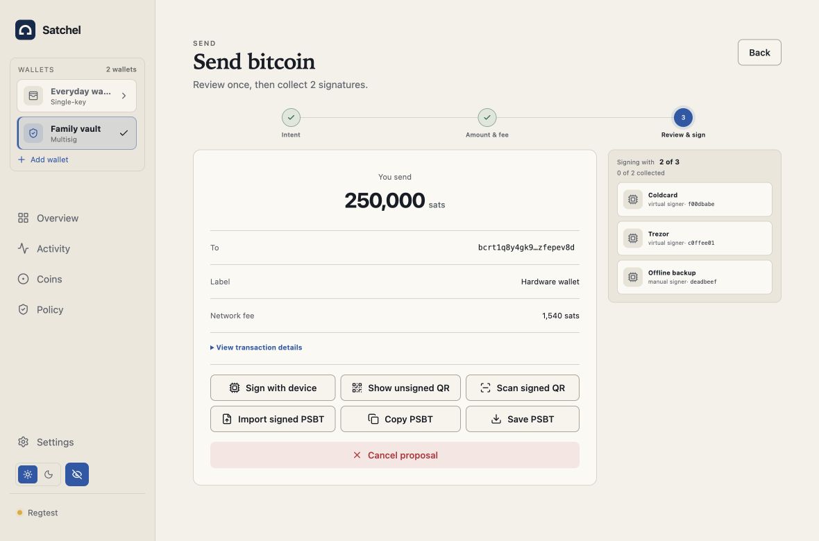 Current wallet transaction review screen with disposable regtest data