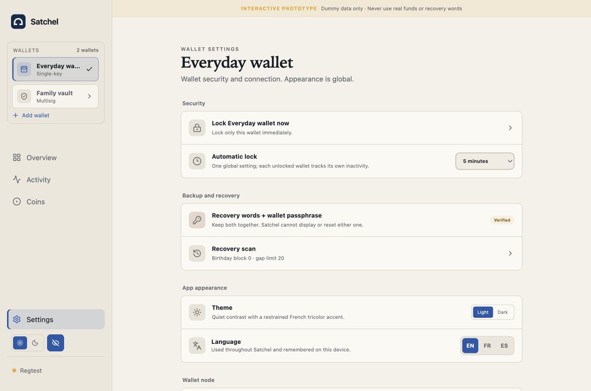 Current wallet settings screen showing Bitcoin Core connection controls